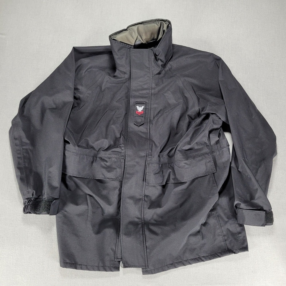 US Navy Cold Weather Parka Black Goretex Sz Large Regular Hooded Military Jacket